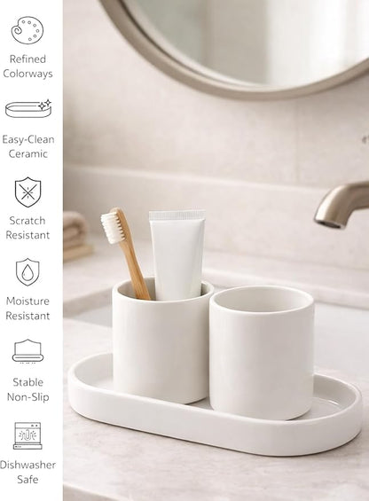 Matte White Ceramic Bathroom Tray for Countertop, Minimalist Vanity Organizer Dish for Perfume, Jewelry & Soap, Oval Decorative Tray for Bathroom Sink, Dresser, Coffee Bar or Kitchen Counter