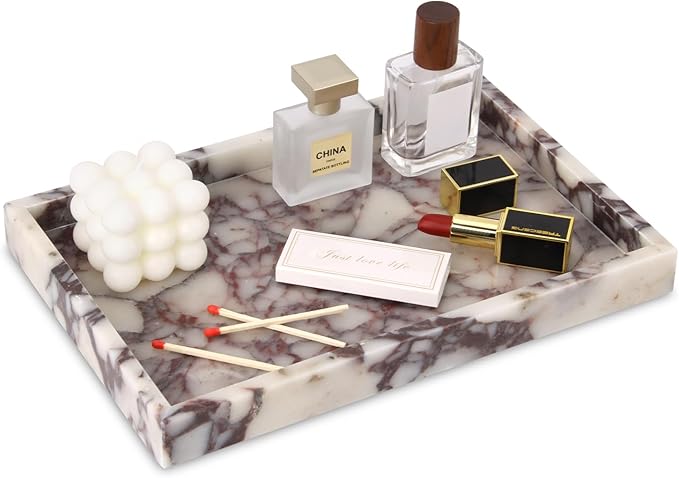 Marble Bathroom Vanity Tray, Natural Luxury Vanity Home Kitchen Bathroom Table Tray, Stone Decorative Countertop Dresser Trays for Key Coffee Perfume Jewelry Makeup (Calacatta Viola, 12"x 8" x1.2")