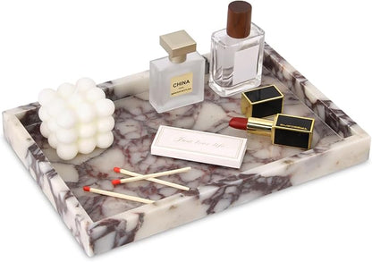 Marble Bathroom Vanity Tray, Natural Luxury Vanity Home Kitchen Bathroom Table Tray, Stone Decorative Countertop Dresser Trays for Key Coffee Perfume Jewelry Makeup (Calacatta Viola, 12"x 8" x1.2")