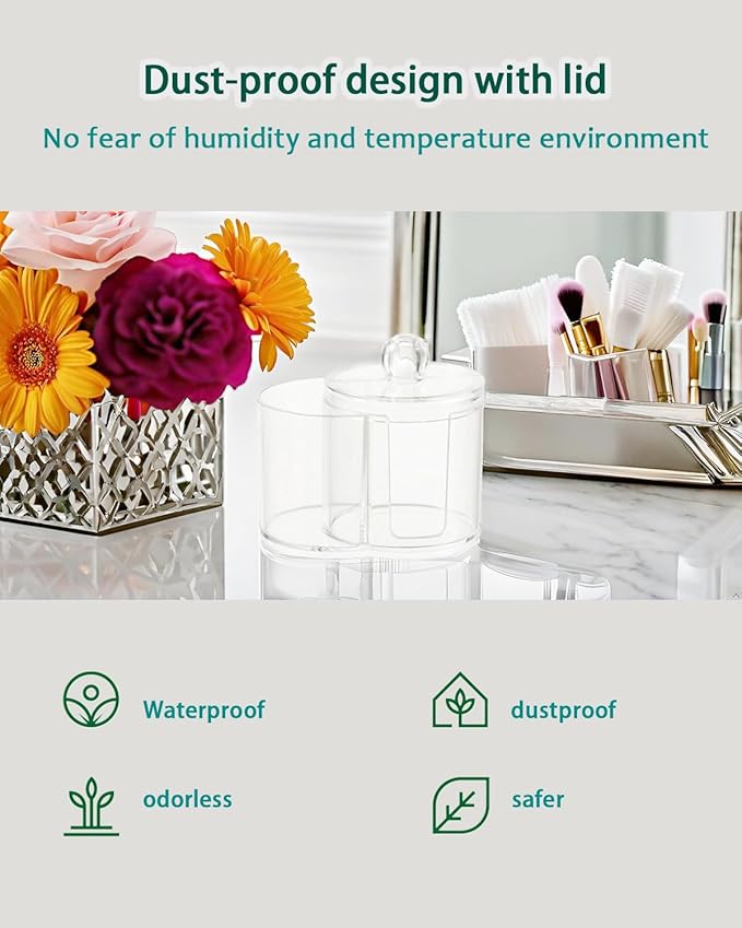 2-in-1 Cotton Round Holder & Cotton Swab Holder - Clear Plastic Bathroom Vanity Organizer, Shatterproof Apothecary Jar for Cotton Pad, Cotton Balls, Floss Picks, Hair Ties & Vanity Storage