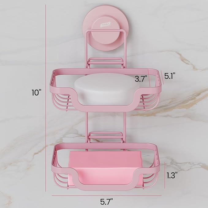 TAILI Double Layer Soap Holder, Bar Soap Dish Suction Cup for Shower Wall, Draining Saver Tray for Bathroom, Rustproof Stainless Steel Sponge Holder for Tub, Kitchen, Drill-Free, Pink