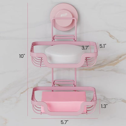 TAILI Double Layer Soap Holder, Bar Soap Dish Suction Cup for Shower Wall, Draining Saver Tray for Bathroom, Rustproof Stainless Steel Sponge Holder for Tub, Kitchen, Drill-Free, Pink
