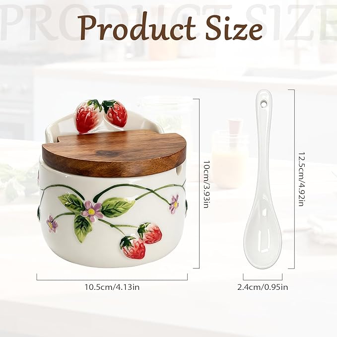 Salt Cellar, 13.5 oz Ceramic Salt Cellar with Lid and Spoon - Strawberry 3D Relief Design Seasoning Jar with Acacia Wood Lid, Suitable for Salt, Sugar, Pepper - Kitchen Countertop Storage Container