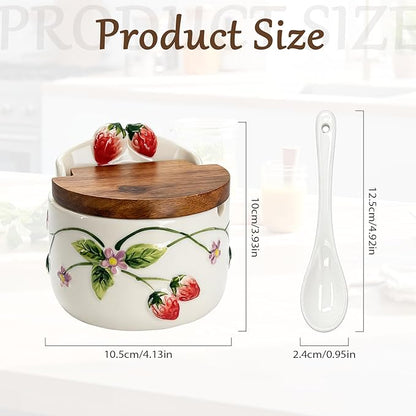 Salt Cellar, 13.5 oz Ceramic Salt Cellar with Lid and Spoon - Strawberry 3D Relief Design Seasoning Jar with Acacia Wood Lid, Suitable for Salt, Sugar, Pepper - Kitchen Countertop Storage Container