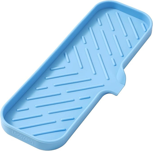 MicoYang Silicone Bathroom Soap Dishes with Drain Spout-Bathroom and Kitchen Sink Organizer,Sponge Holder,Dish Soap Tray,Perfect for Dispenser,Scrubber,Bottle on Sink or Counter-Light Blue 12"×4"