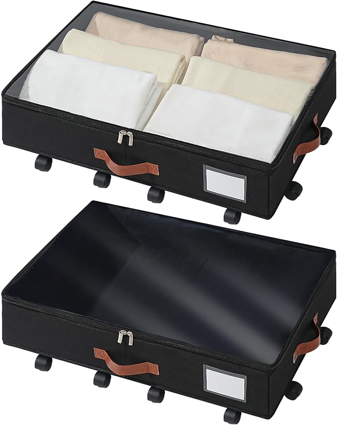 Freebat Under Bed Storage Organizer with Wheels, Underbed Container with Clear Lid Cover, Storage Bag Box with Visiable Window for Clothes, Bedsheet, Pillow, 2 Pack，5.5 inches