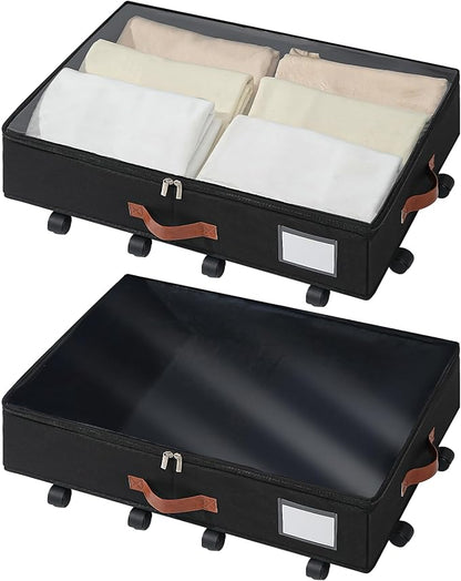 Freebat Under Bed Storage Organizer with Wheels, Underbed Container with Clear Lid Cover, Storage Bag Box with Visiable Window for Clothes, Bedsheet, Pillow, 2 Pack，5.5 inches