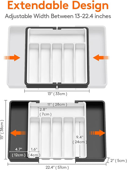 Lifewit Silverware Drawer Organizer, Expandable Utensil Tray for Kitchen, BPA Free Flatware and Cutlery Holder, Adjustable Plastic Storage for Spoons Forks Knives, 13-22 x 15", White&Black