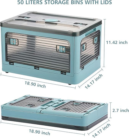 2 Pack Plastic 4 Doors Collapsible Storage Bins with Lid & Wheels, 50 Liters Folding Storage Bins, Stackable Multifunctional Box for Camping Clothes Snack Storage