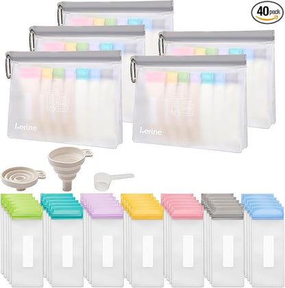 Lerine Protein Powder Travel Container Set, Reusable Protein Powder Container To Go, 35Pcs Single Dose Bags & 5Pcs Large Zip Bags, Portable Supplement Storage Containers with Funnel, Spoon