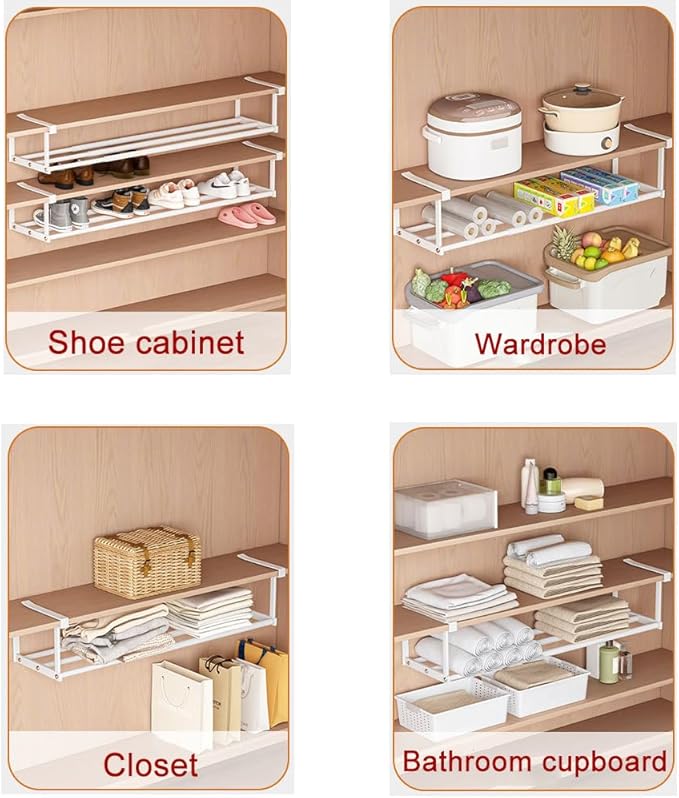 Expandable Shoe Rack Closet Hanging Organizer 20.08''-37.4'' Metal Adjustable Under Cabinet Storage Shelf Space Saving for Kitchen Pantry Room Dorm, White, 1 Pack