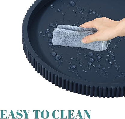 Silicone Bathroom Tray Round Kitchen Counter Organizer Decorative Vanity Accessories Coffee Table Decor for Perfume, Candle, Soap Dish, 12 Inch, Dark Blue