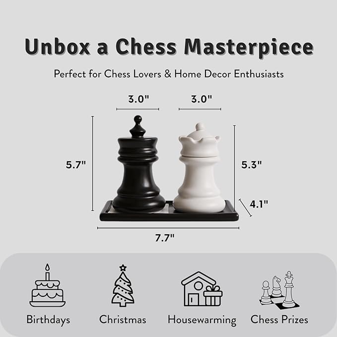 King and Queen Chess Piece Qtip Holder Bathroom Set with Mini Chessboard Base, Novelty Ceramic Storage Containers for Toothpicks, Cotton Swabs, Floss - Elegant Desk Decor, Unique Gift for Chess Lovers