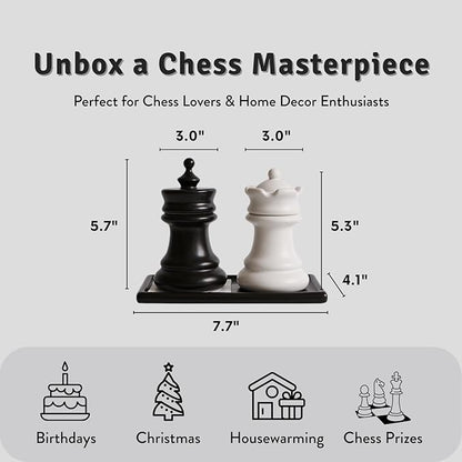 King and Queen Chess Piece Qtip Holder Bathroom Set with Mini Chessboard Base, Novelty Ceramic Storage Containers for Toothpicks, Cotton Swabs, Floss - Elegant Desk Decor, Unique Gift for Chess Lovers