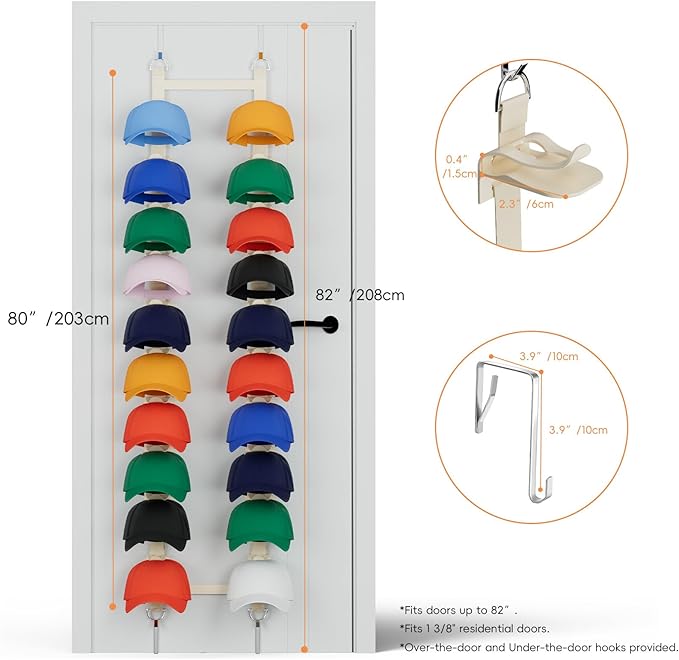 Hat Rack for Door, Adjustable Hat Organizer for Baseball Caps with 2 Straps & 20 Clips Holds 40 Caps, No-Drill Over-the-Door Hat Rack, Hat Storage for Bedroom Closet, Entryway, Home,Beige