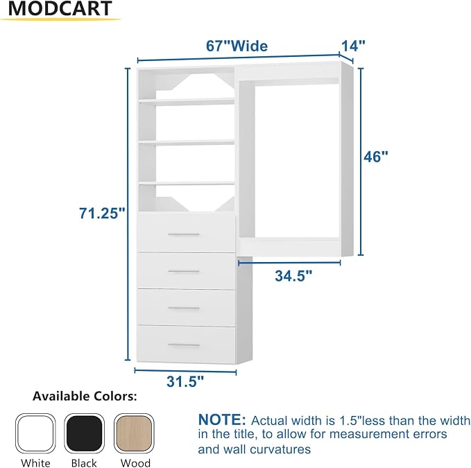 Modular Closet System, 67" Wide Closet Organizer System with Tower and Drawers, Wood Tower Closet Storage for Walk In Closets, Wall Mounted Wardrobe Organizer Kit System, Bedroom, White