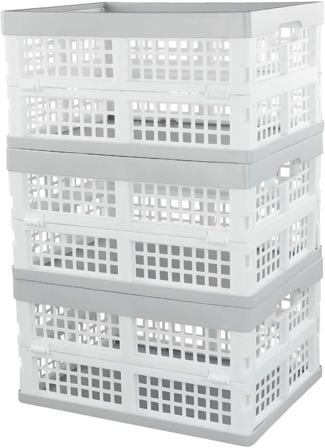 Vababa 3-Pack Plastic Stackable Collapsible Storage Crate, 15 L Stacking Folding Storage Basket