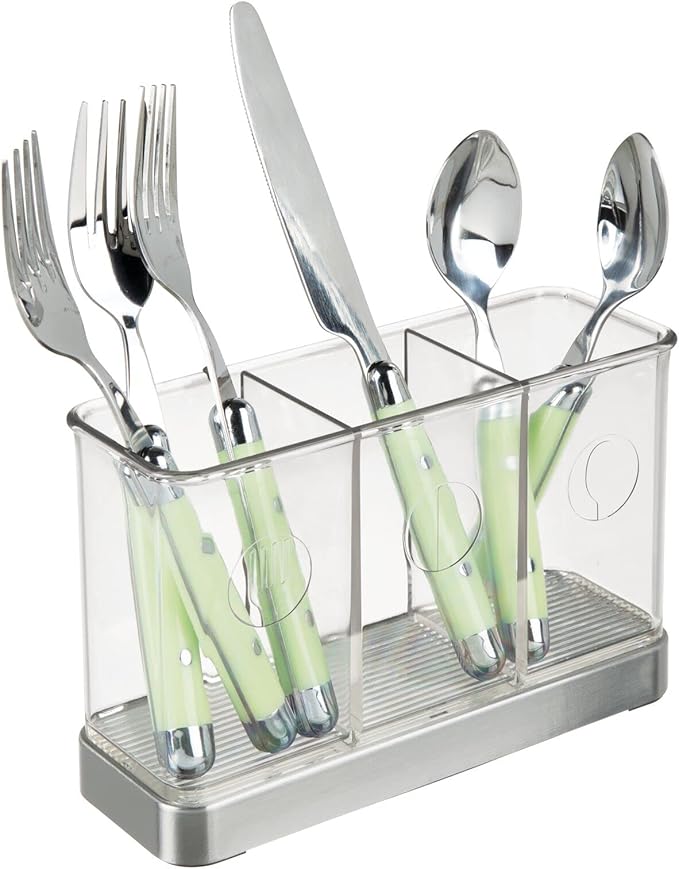 mDesign Cutlery Holder Modern Cutlery Basket for The Kitchen Table, Pantry or Cupboard Kitchen Storage with 3 Compartments Clear/Chrome