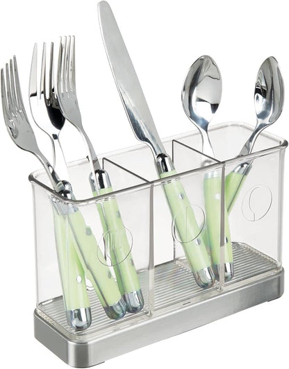 mDesign Cutlery Holder Modern Cutlery Basket for The Kitchen Table, Pantry or Cupboard Kitchen Storage with 3 Compartments Clear/Chrome