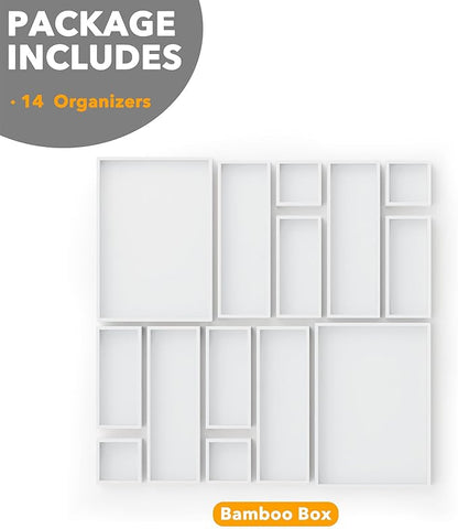 SpaceAid 14-Piece Bamboo Drawer Organizer Storage Boxes Set, Wood Tray Junk Drawer Organizers Multi-Use Divider Bins for Kitchen, Bathroom, Office Desk and Makeup Organization (14 Pack, White)