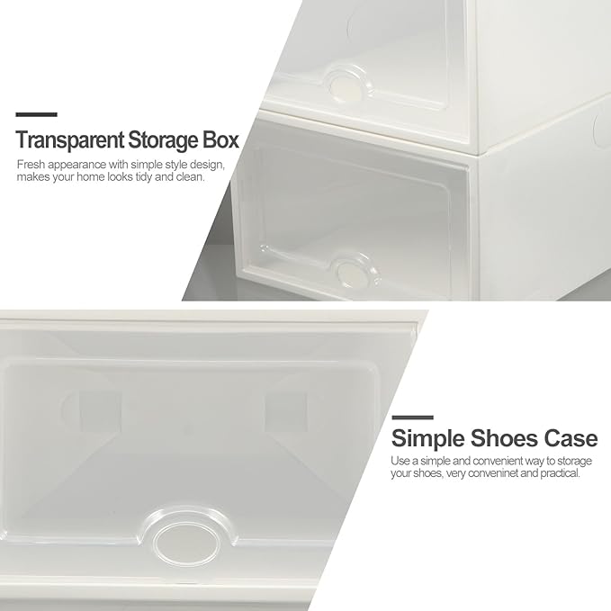 LALAFINA Plastic Shoe Storage Box Drawer Style with Lid 33x23x14cm White 6pcs Stackable Plastic Shoe Organizer Container for Home Closet Organization