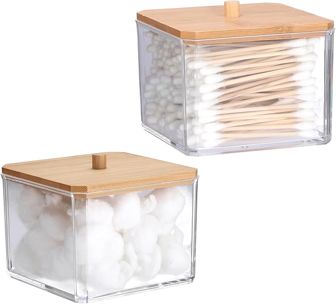 Hipiwe Acrylic Qtip Holder 2 Pack Cotton Swab and Ball Organizer with Lid Bathroom Q-tip Dispenser Clear Acrylic Apothecary Jar for Cotton Pads, Swabs, Balls, Storage Containers for Organizing