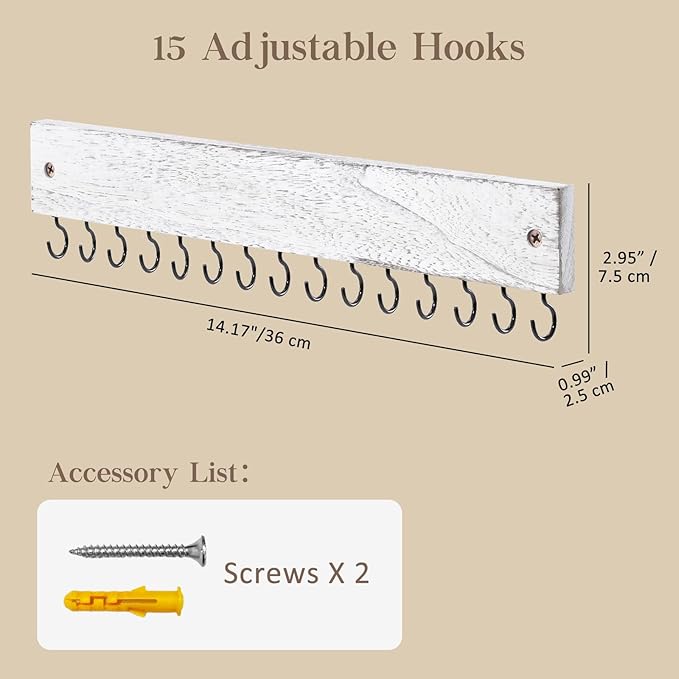 Lolalet Wooden Necklace Holder for Wall with 15 Hooks, Necklaces Hanger Easy Install Wall Mount Necklace Organizer, Jewelry Hangers for Chains, Bracelets, Earrings -Vintage