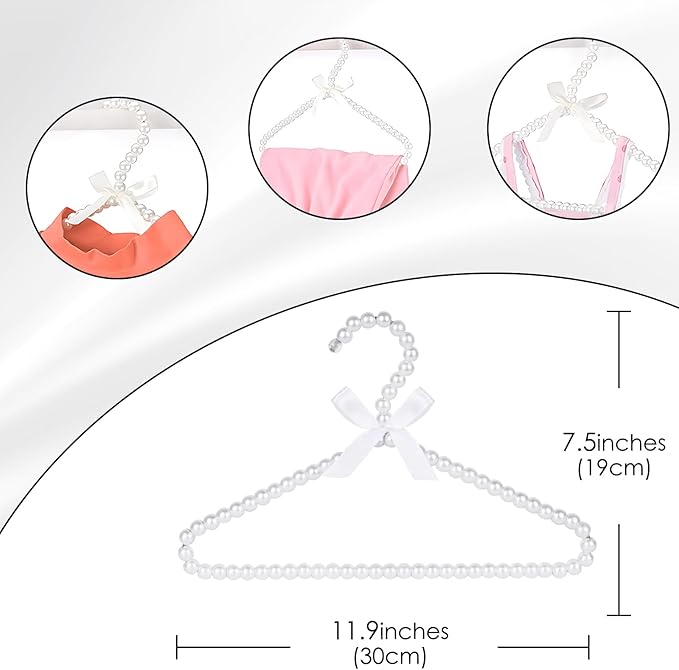Adorila 10-Pack Kids Pearl Hangers - Small Non-Slip Pearl Beaded Bow Clothes Racks - Elegant Garment Organizer for Pet Apparel (30cm, White)