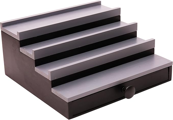 Black Grey Cologne Organizer for Men - 4 Tier Wooden Cologne Display Stand with Drawer and Hidden Compartment, Mens Cologne Perfume Holder Shelf for Organizing and Storing