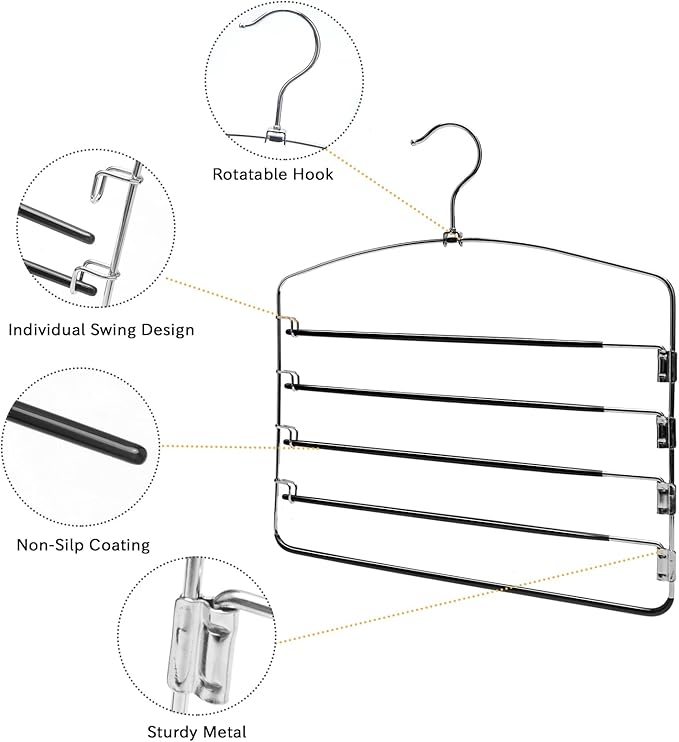 Multi-Layer Metal Pants Hangers, 6 Pack, 5 Swing Arms, Non-Slip