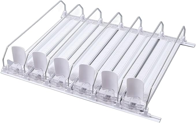Soda Can Dispenser for Refrigerator, ABS 15in Large Capacity 6 Rows Adjustable Width Drink Dispenser for Fridge, Spring Loaded Easy Slide Self Pushing Drink Holder (White)