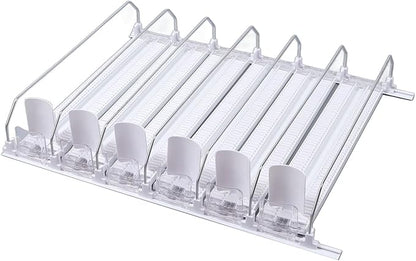 Soda Can Dispenser for Refrigerator, ABS 15in Large Capacity 6 Rows Adjustable Width Drink Dispenser for Fridge, Spring Loaded Easy Slide Self Pushing Drink Holder (White)