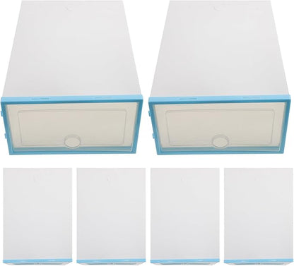 6pcs Stackable Thickened Plastic Shoe Boxes with Blue Frame Shoe Storage Containers for Women’s Closet Organization and Storage