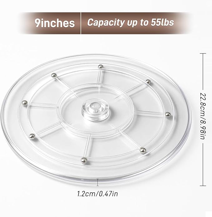 HSTECH 9” Lazy Susan Turntable Acrylic Ball Bearing Rotating Tray for Spice Rack Table Cake Kitchen Pantry Decorating TV Laptop Computer Monitor, 50-lb Load Capacity (360˚ Rotation)