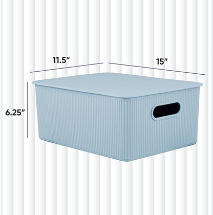 Superio Ribbed Collection - Decorative Plastic Basket Open Home Storage Bins Organizer, Blue Container Boxes for Organizing Closet Storage Bins for Shelves (Bin with Lid- Large (15 Liter), 1 Pack)