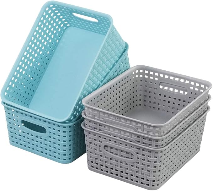 6-Pack Plastic Weave Rattan Basket Bin for Storage, Small Baskets