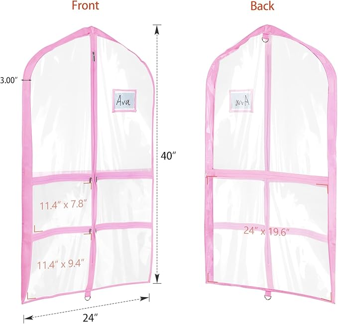 Univivi Clear Garment Bags for Dance Costumes, 40 Inch Dance Costume Garment Bags for Dancers, with 4 Medium Clear Zipper Pockets and 1 Large Back Zippered Pocket (Pink, 2 Pack)