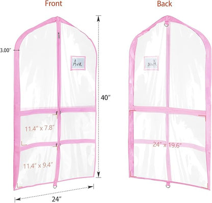 Univivi Clear Garment Bags for Dance Costumes, 40 Inch Dance Costume Garment Bags for Dancers, with 4 Medium Clear Zipper Pockets and 1 Large Back Zippered Pocket (Pink, 2 Pack)