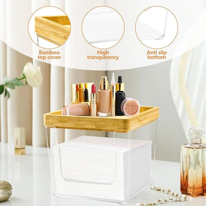 GRETJOB Disposable Face Towel Holder Box, Acrylic Facial Container for XL Clean Skin Club, Large Storage With Bamboo Lid Towel Organizer Container for Bathroom, Vanity Makeup, Clear