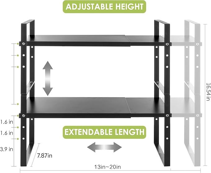 Across-Star Expandable Cabinet Shelf Organizer Rack, Stackable Kitchen Counter Storage Shelves Stand, Adjustable Height Pantry Shelf Spice Rack (Black, 2 Pack)