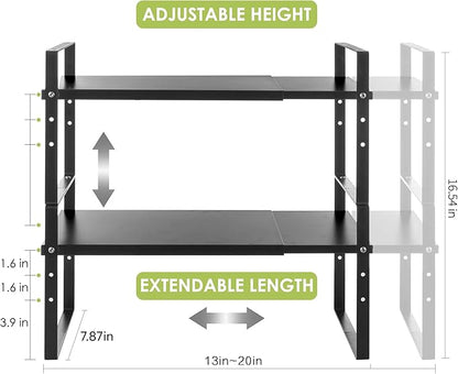 Across-Star Expandable Cabinet Shelf Organizer Rack, Stackable Kitchen Counter Storage Shelves Stand, Adjustable Height Pantry Shelf Spice Rack (Black, 2 Pack)