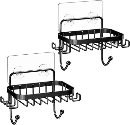 ODesign Soap Dish Holder SUS304 Stainless Steel with 6 Hooks Loofah Bath Sponge Towel Razor Holder for Bathroom Shower Kitchen Adhesive Wall Mounted No Drilling -Black-2 Pack