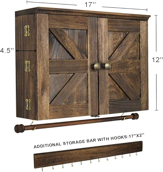 GLANT Rustic Wall Mounted Jewelry Organizer with Wooden Barndoor Decor,Wooden Wall Mount Holder,Jewelry holder for Necklaces, Earings, Bracelets, Ring Holder. Includes matching hook organizer (Rustic)