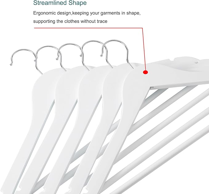 Wooden Colthes Hangers, Nature Color with Shoulder Notches Suitable for Slip Dresses,Shirts, Blouses,Coats,360° Rotating Silver Hook Solid Wood Hanger 20 Pack (White)