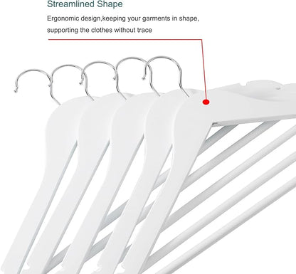 Wooden Colthes Hangers, Nature Color with Shoulder Notches Suitable for Slip Dresses,Shirts, Blouses,Coats,360° Rotating Silver Hook Solid Wood Hanger 20 Pack (White)