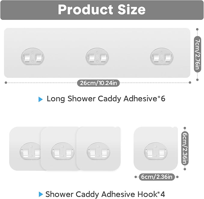 10 Pack Shower Caddy Adhesive Replacement, Strong Adhesive Hooks for Shower Caddy, Waterproof Adhesive Strips, No Drilling, for Bathroom Storage Shelves and Kitchen Racks