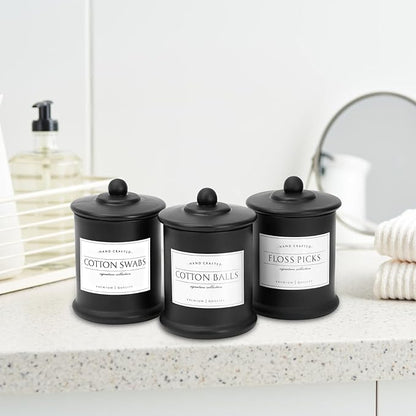 Volisnova 2 Pack Farmhouse Apothecary Jars with Lids - Glass Qtip Dispensers and Cotton Ball Holders for Bathroom Vanity Storage and Organization with 8 Pcs Wterproof Labels (Black Glass)