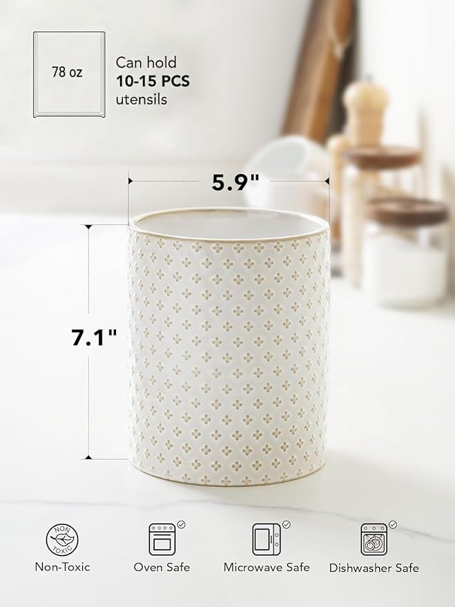 LE TAUCI Utensil Holder for Kitchen Counter - 7.1" Large Ceramic Kitchen Utensil Holder, Embossed Cooking Utensil Crock for Spatula, Spoon - Farmhouse Kitchen Decor & Organizer, White, Clover