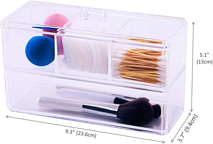 Square Acrylic Cotton Ball Pads Gauze Swab Holder Organizer Q-tip Dispenser Storage Canister Bathroom Container Flossers Box Case (9.3x3.7x5.1 in, 2 Tiers, 4 Partitions, Transparent)