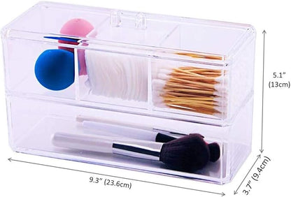 Square Acrylic Cotton Ball Pads Gauze Swab Holder Organizer Q-tip Dispenser Storage Canister Bathroom Container Flossers Box Case (9.3x3.7x5.1 in, 2 Tiers, 4 Partitions, Transparent)